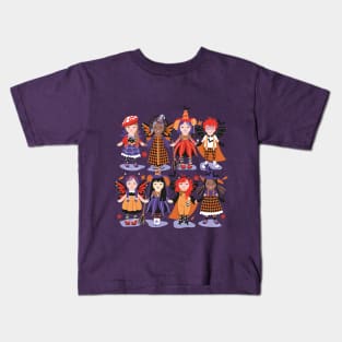 Witches dance // spot illustration // lilac background red orange and purple halloween fantasy costumes Kids T-Shirt